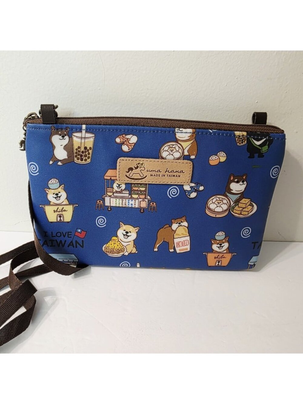 Uma Hana Blue Shiba Tales 2 Zipper Blue Crossbody Puppy Dog Made in Taiwan